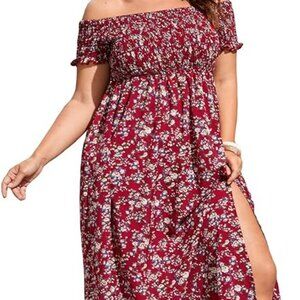 4XL Women's Red Floral Print Off Shoulder Split Maxi A-Line Dress